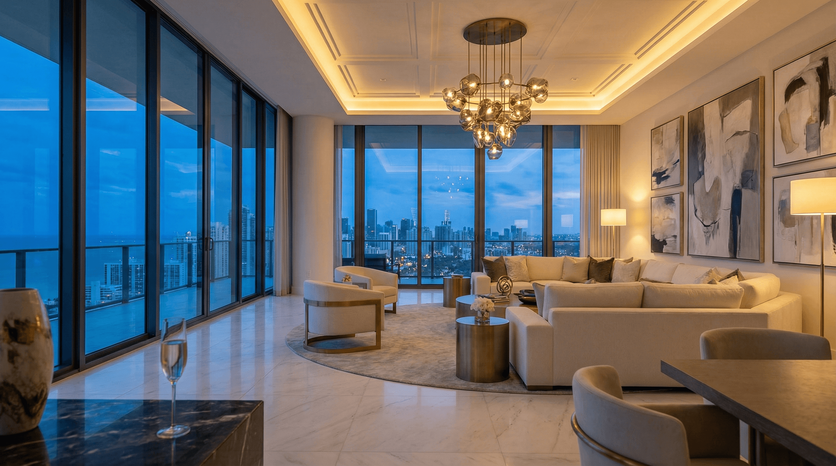 Ultra-luxury penthouse interior with Miami skyline views